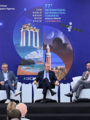 The post-ISS panel brought together Axiom Space CEO Jonathan Cirtain, Vast CEO Max Haot, Starlab CEO Marshall Smith and Blue Origin's Orbital Reef programme manager Randy Little. Credit: Screenshot Livestream IAC2026